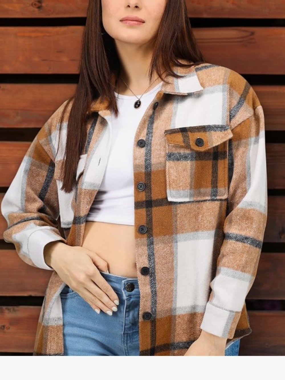 Chic Nation Tan White Plaid Shacket